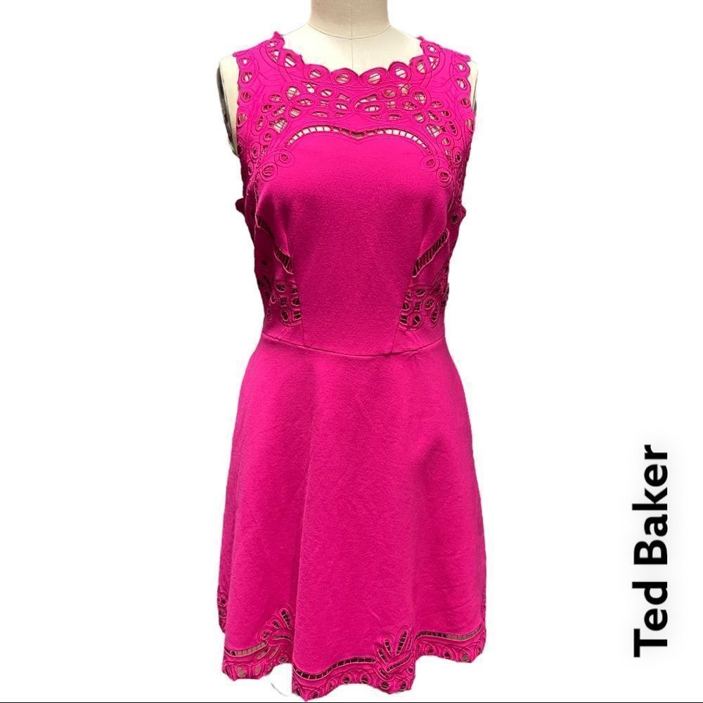 🍂 TED BAKER lace trim sleeveless fuchsia pink knee length dress + size 2